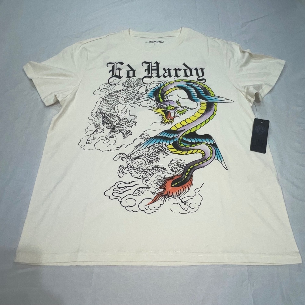 Ed Hardy Mens‎ Dragon Graphic T-Shirt Cream EHM1100-160 Size L NWT